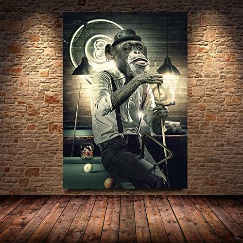 Wandkunst Gemälde Smoking Monkey Playing Billard Bar Leinwandmalerei Abstraktes Tier Wandposter Gang Home Decoration 70x100cm Rahmenlos