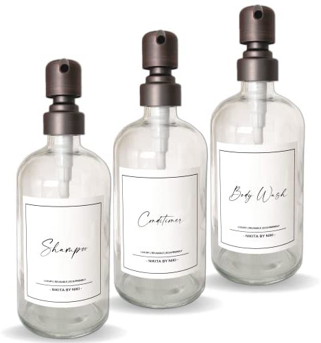 Clear Glass Soap Dispenser Set - Stainless Steel Pump - Bathroom Soap Dispenser Set - Glass Soap Dispenser Set of 3 - Glass Shampoo, Conditioner, Body Wash Dispenser - Waterproof Labels