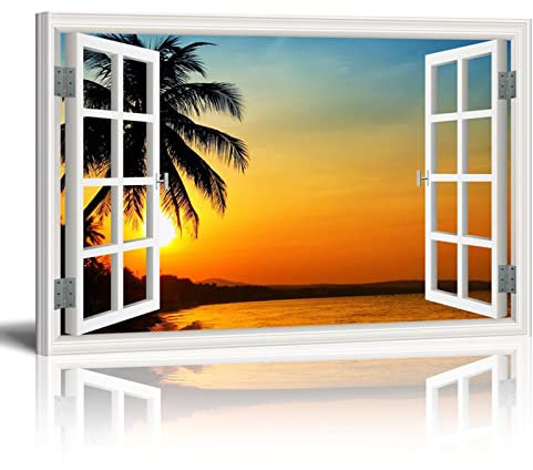 HOLEILUCK Leinwandbild Wandbild Fensteransicht Weißer Strand mit blauem Meer und Palme Offenes Fensterbild 80x60cm/32x24in mit Rahmen