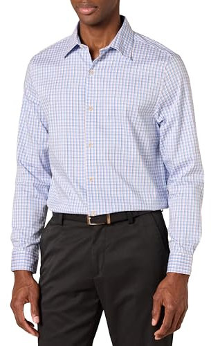 Amazon Essentials Chemise Habillée Extensible, à Manches Longues, Coupe Standard Homme, Bleu Blanc Maille À Carreaux, XL
