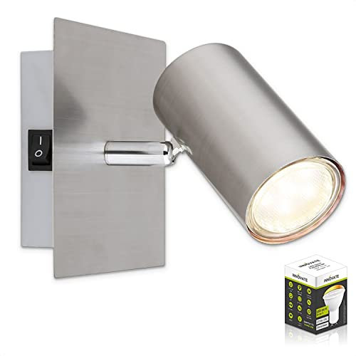 INNOVATE LED Wandleuchte mit Schalter | GU10 LED Spot schwenkbar | Aluminium Wandlampe Innen | Wandspot Wandspot mit Schalter | Lampe eckig inkl. 5W Leuchtmittel | Nickel