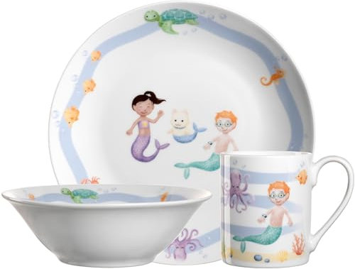 LEONARDO HOME Bambini Avventura Kinder Geschirr-Set 3-teilig - Kinder-Geschirr aus Porzellan - Spülmaschinenfest, mikrowellengeeignet - 3er Set Schale, Tasse und Teller mit Motiv Meer, 022803