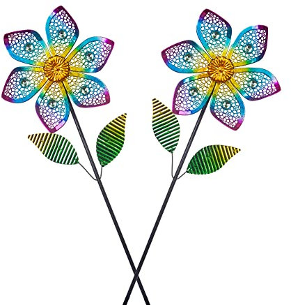 Venniy Lot de 2 moulins à vent avec piquet en métal, design creux en forme de fleur pour cour, pelouse, terrasse