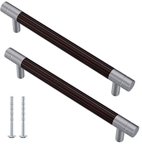 YJROOMS 5 Pack Brown+Brushed Nickel 160mm Hole Center Kitchen Handles Cupboard Handle T Bar Cabinet Knobs for Kitchen Bathroom Round Drawer Furniture Pull