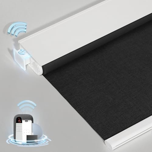 MANSNIX Smart Motorized Blinds with Remote, Cordless No-Drill Automatic Roller Shades, Blackout Electric Blind for Windows, Black, 28 x 72