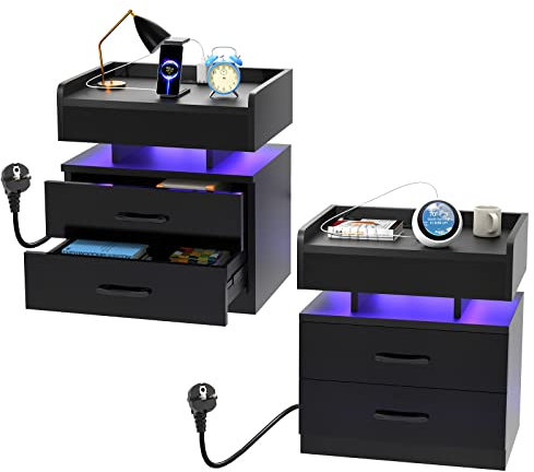 Lvhecforhm 2er Set Nachttisch, Nachttisch mit Steckdosen und USB-Anschlüsse, Nachttisch mit LED Licht 16 Farben Beleuchtung, Schwarz Nachttisch mit Ladestationm, Beistelltisch mit Schublade Fächern