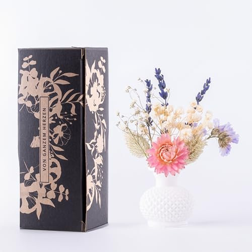 Kunstharz.Art Kleines Blumen Geschenk mit Vase und Geschenkverpackung - Trockenblumenstrauß in Mini als kleines Dankeschön Geschenk (A2 Pastell)