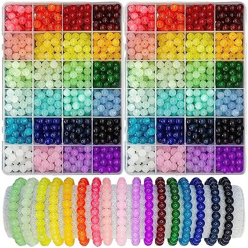 Gaspletu 1200PCS Glass Beads for Jewelry Making, 24 Colors, 8mm Round Crystal Beads, Bracelet Making Kit