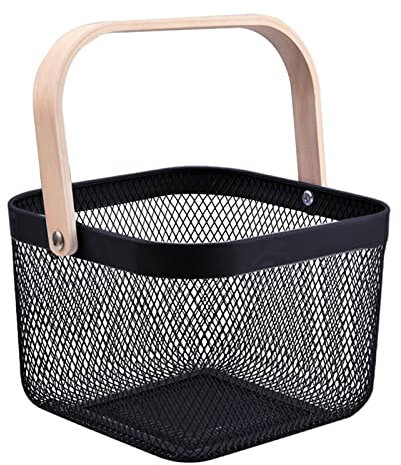 Metal Mesh Steel Basket, Multi-Functional Metal Wire Hanging Hanging Kitchen Baskets Fruit Basket with Wood Handle for Kitchen, Bathroom, Pantry, Cabinet Home, Shopping 25x25x18cm