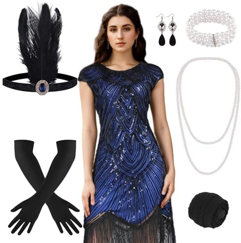 PLULON 1920er-Jahre-Flapperkleid mit Pailletten, Perlen und Fransen, Set mit 20er-Jahre-Accessoires (blau)