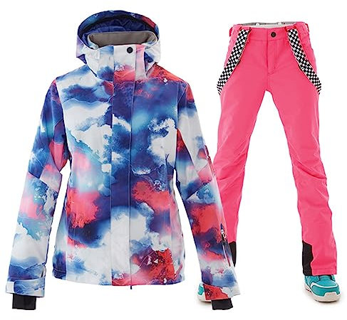 ALSOGO Damen Skianzug Schneeanzug Winddicht Wasserdicht Skifahren Snowboardjacke Trägerhose Set Zum Skifahren Snowboarden Klettern SMNHua+Pink L