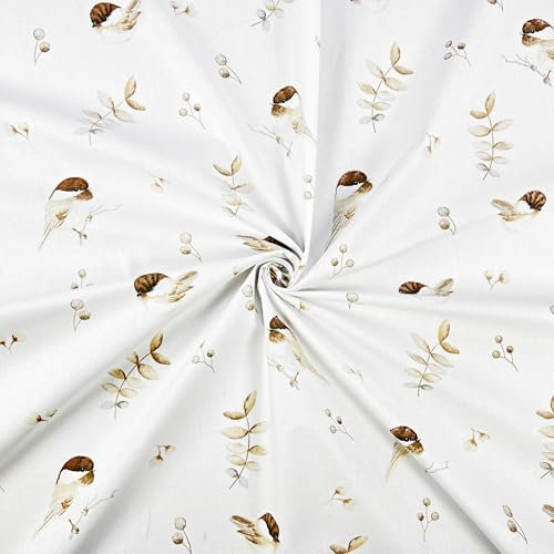 Textrend Meterware Stoffe Baumwolle - Nähen - 100% Baumwolle Stroff - Modische Insekten- und Vogelmuster - Textilien 1x1,6m (Braune Spatzen mit Zweigen auf Weiß)