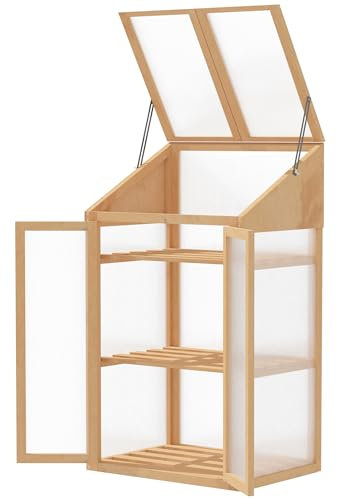 Outsunny Invernadero de Madera Invernadero de Jardín con 2 Puertas 3 Estantes Paneles de Policarbonato y Tapa Abatible para Cultivo Plantas en Huerto Patio 70x50x120 cm Natural