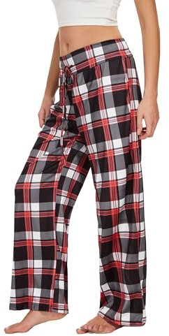 Cegerne Pyjama de Noël pour femme - Pantalon de pyjama long - Vêtement de nuit - À carreaux - Doux - Avec cordon de serrage, Rouge à carreaux #2, S