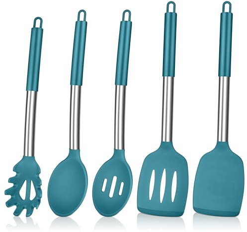Herogo Kitchen Utensils Set, 5 Pieces Silicone Cooking Utensil with Stainless Steel Handle, Heat Resistant Kitchen Cooking Tools Turner Spoon Spatula for Nonstick Cookware Pan - Blue