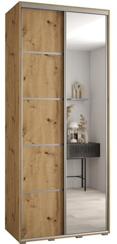 MEBLE KRYSPOL Davos 5 110 Schrank mit Zwei Schiebetüren für Schlafzimmer - Moderner Schrank mit Spiegel, Kleiderstange und Regalen - 235,2x110x45 cm - Artisan Artisan Silber