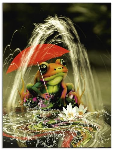 ARTland Wanddeko Wandbild Alu Verbundplatte für Innen & Outdoor Bild 90x120 cm Frosch Regenschirm Seerose Blumen Märchen Garten Fantasy U4VR