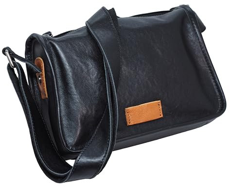 BAWAKO Umhängetasche Echtes Leder Schwarz, Tasche, Crossbody bag, Mittelgroße, Fächer Handtasche (Schwarz C)