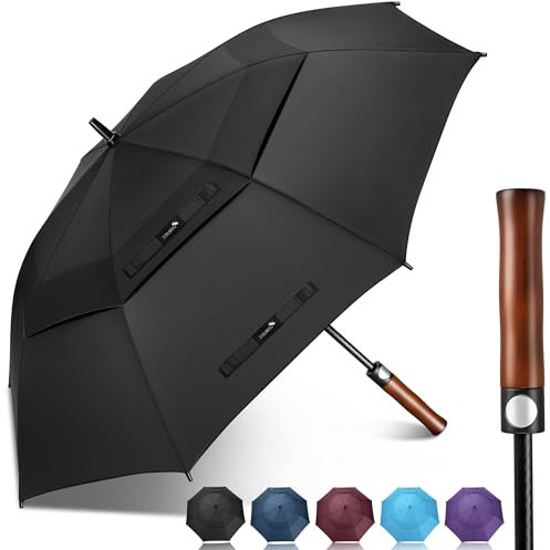 ZOMAKE Großer Golfschirm Sturmfest,68inch Sturm Regenschirm Groß Für Herren Damen,Regenschirm Extra Groß Mit Holzgriff für Reisen(Schwarz)