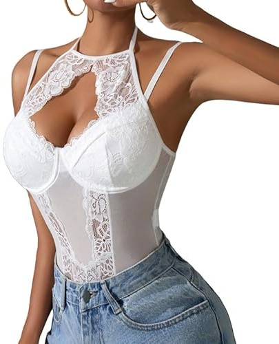 Haibang Body Damen Sexy Spitze Mesh Bodysuit Spaghettiträger Transparenter Bodys Floral Lace Rückenfrei Oberteil Slim Fit Jumpsuit Elegant Netz Unterziehbody Blusebody Mode Cami Top Clubwear