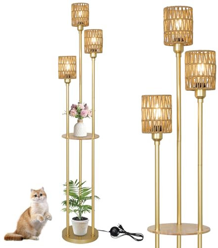Rayofly Gold Stehlampe Wohnzimmer, 3-flammige Rattan Stehlampe mit Regal, Modern Stehlampe mit Rattan Lampenschirm & Fußschalter, Boho Stehlampe für Schlafzimmer Büro, Stehleuchte Wohnzimmerlampe