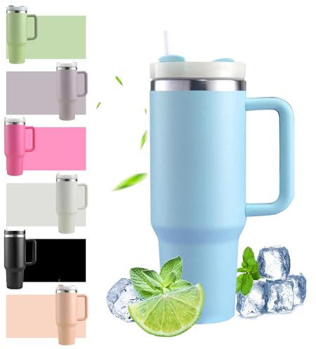 HLDGCX Gobelet isotherme de 1200 ml avec paille et anse, tasse à café à emporter, double paroi en acier inoxydable, avec couvercle, portable, pour boissons chaudes et froides, bleu