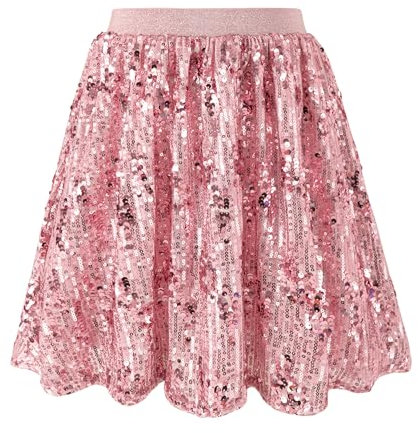 Rolanko Gonna di Paillettes per Ragazze Vita Elastica Skorts Brillantinati Plissettati con Fodera per Danza Bambini Festa di Compleanno da Principessa, Rosa, Taglia: 8-9 anni/140