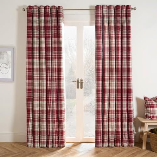 OHS Red Eyelet Curtains for Living Room Bedroom, Soft Luxury Dorset Woven Check Blackout Thermal Curtains Decorative Fully Lined Curtain for Window Treatment 2 Panel, 66 x 72
