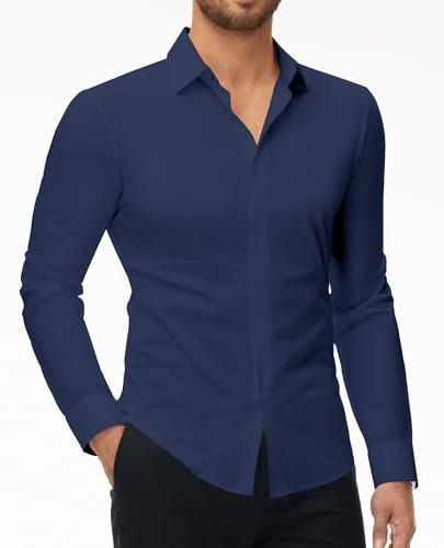DEMEANOR Camicia elasticizzata da uomo a maniche lunghe, slim fit, business, senza stiratura, da uomo, per il tempo libero, blu navy, S