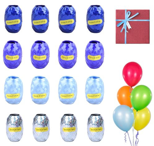TAKUZA Ringelband Geschenkband Blau Silber,16 Rollen Geschenkband Set,Geschenkband 5mm Breit,Schleifenband Geschenkbänder Rolle Bunt,Ballonband Weihnachten,Hochzeit, Geschenkverpackung,Luftballon Deko