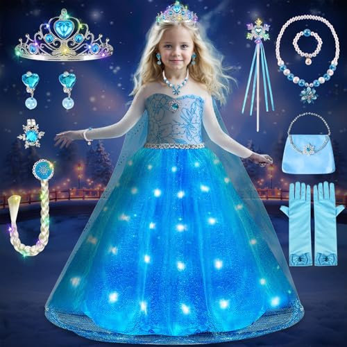 COYBTO Robe Princesse Fille, LED Robe Reine des Neiges Anna avec Perruque Lumineuse Couronne Princesse Ensemble, Deguisement Princesse Elsa, Robe de Princesse Elsa pour Carnaval