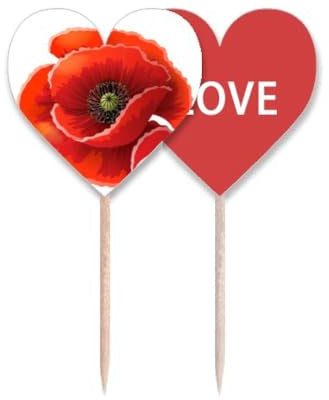 Palillo de dientes con diseño de flores rojas, bandera de palillo de maíz grande, etiqueta de corazón, palillo de dientes