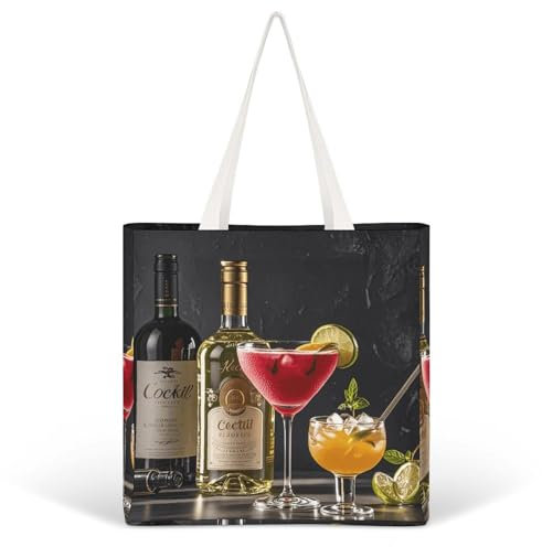 VFKLT Cocktail Glasses And Wine Bottles Tote Bags for Women Canvas Handbag Reusable Grocery Bags Shoulder Purses Shopping Bag, Cocktail Glasses and Wine Bottles, One Size