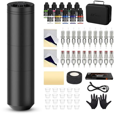 EZ Tattoo Maschinen Set - Tattoo Set mit Kabelloser Tattoo Maschine, 1500mAh Stromversorgung Akku, 20 Stück Tattoo Nadeln and 10 Farben Tinten für Tattoo Anfänger und Künstler (Lancer Schwarz)