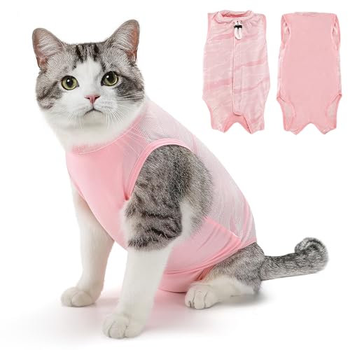 Eyein Katzenbody nach OP, Atmungsaktiver bequemer Erholungsanzug Anti-leckende Katzen-Operationsanzug mit Mesh Design für Katze Body Operation - Katzen Kätzchen E-Halsband Alternative (Hellrosa, L)