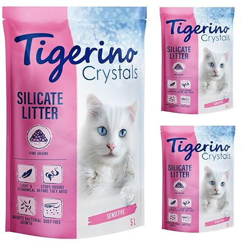 Tigerino - Crystals Katzenstreu 15L bunt | Multipack | Sensitive, parfümfrei | für geruchssensible Katzen | staubfrei, stark absorbierfähig und ergiebig | Ohne Duftstoffe | 3x5L (Pink, 3x5L)
