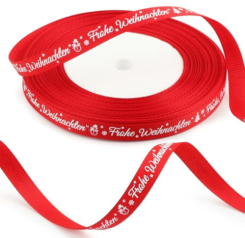 BOFUNX 25 Yards×1cm Weihnachten Geschenkband Schleifenband Frohe Weihnachten Satinband Rot Dekoband Basteln Bänder für Weihnachten Geschenk Weihnachtsdeko