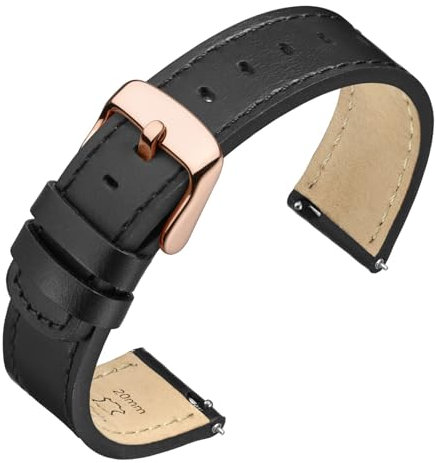 ANNEFIT 19mm Watch Band with Rose Gold Buckle, Quick Release Genuine Leather Replacement Strap (Black/Black Stitching)