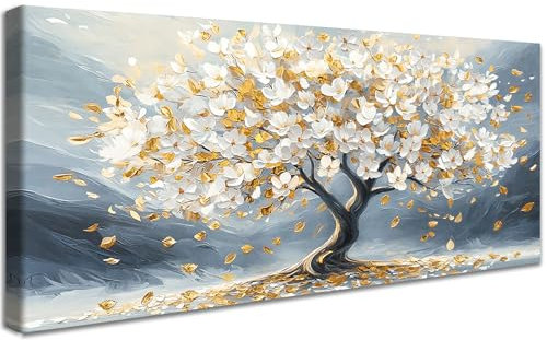 Mit Rahmen Groß Leinwand Bilder Winter Lebensbaum Weiße Blumen Leinwandbilder Bild auf Leinwand Malerei Modernes Grau Gold Bild Wandbilder Heim Wohnzimmer Schlafzimmer Wanddekoration 50x120cm