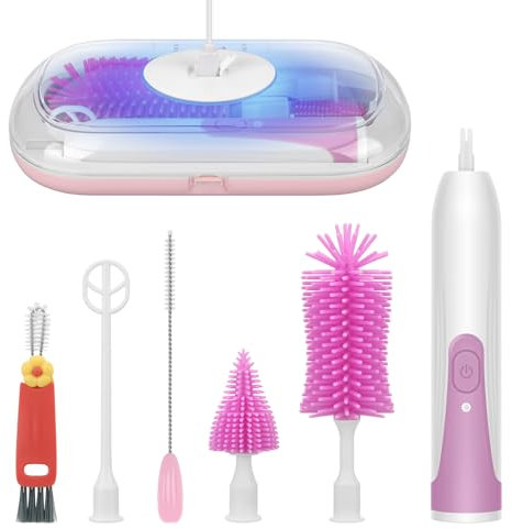 Electric Bottle Brush Cleaner, BlumWay Portable Travel Baby Bottle Brushes for Cleaning Silicone Bottle Brush Bottle Drying Rack Electric Bottle Cleaner Set with Nipple & Straw Brush(Purple)