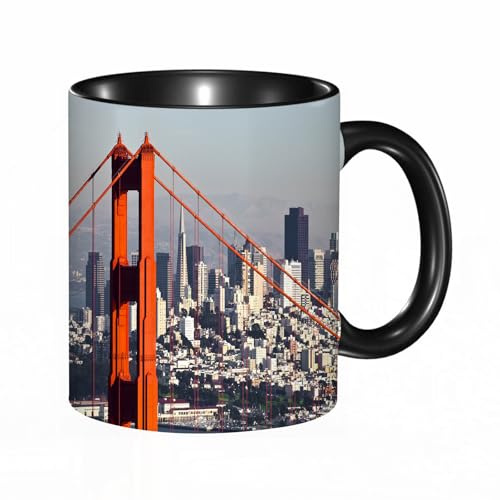 HRRASFAZF Tasse Kaffeetassen,Große 330ml Mit Henkel 100% Handbemalt kaffeebecher porzellan,Vereinigte Staaten, San Francisco Bridge und Stadtbild Metropolis Financial D,Frauen,Jahrestag,Muttertag