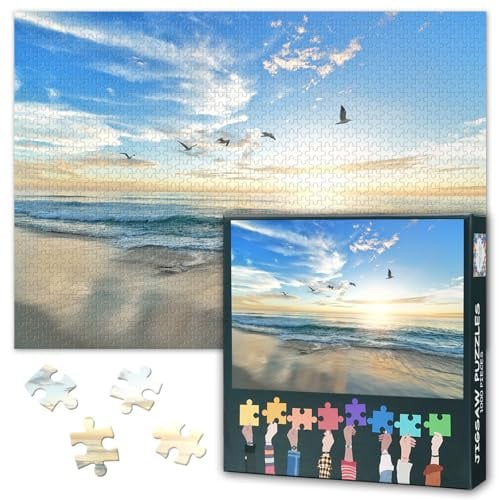 Meeres-Puzzle 1000 Teile - Einsamer Strand mit Vogelschwarm,50x70 cm natürliches Landschaftsmotiv für Puzzle-Profis für die Feiertage