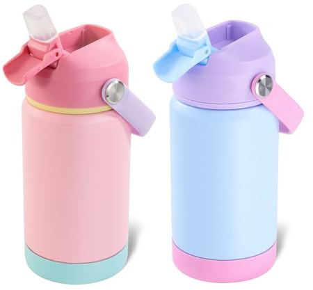 Fijinhom Kids Water Bottle, 360ml/12oz, Stainless Steel Insulated Water Bottle with Straw, Vacuum Leakproof, Kids Water Bottles for School Boys Girls,BPA Free,Charm Pink + Dreamy Blue 2 Piece Set