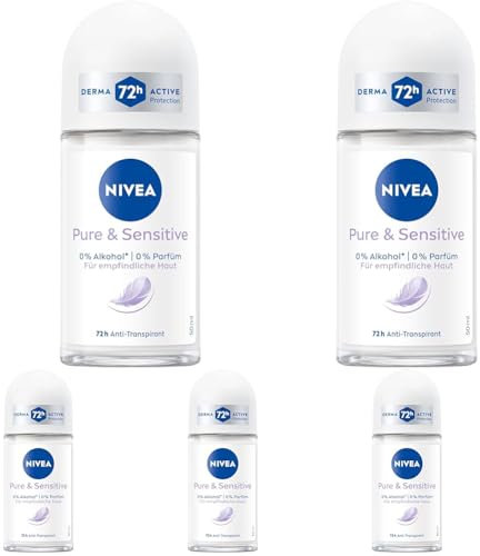 NIVEA Pure & Sensitive Deo Roll-On, Antitranspirant geeignet für empfindliche Haut, parfümfreies Deodorant ohne Ethylalkohol für 72h Schutz (50 ml) (Packung mit 5)