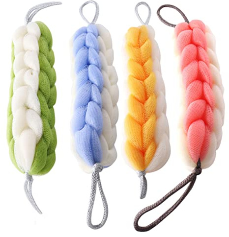 FRCOLOR 4 Stück Peeling Duschschwamm Rückenreinigungsstreifen aus Langlebigem Material für Damen und Herren Bad Dusche mit Aufhängehilfe
