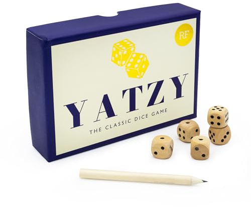 Yatzy | Classic Dice Game in Premium Gift Box | Includes 5 Wooden Dice, Pencil & Score Pad, Navy and Cream
