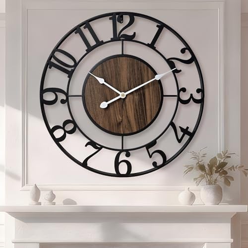 Tixmtry Große Wanduhr 50cm Durchmesser Vintage Design Schwarz Metall Dekorative Ohne Tickgeräusche Moderne Holz Wanduhr für Wohnzimmer, Landhaus, Schlafzimmer, Kamin, Küche, Büro & Wohnaccessoire