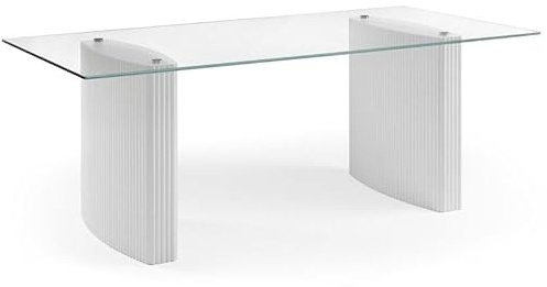 DRW Mesa de Comedor de Madera y Cristal en Blanco Lacado y Transparente 180x100x76 cm