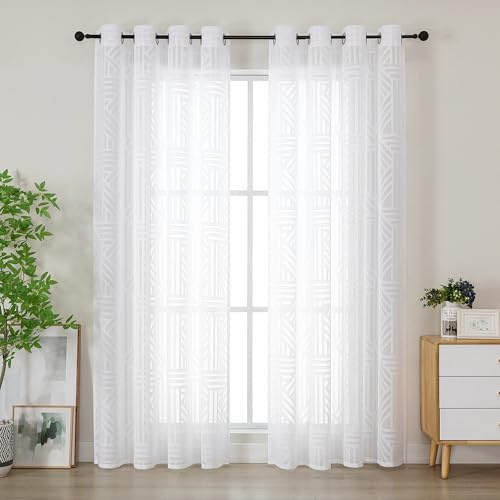 Simplebrand Moderne Wohnzimmer Gardinen mit Ösen 2er Set, Halbtransparent Geometrisches Ausbrenner Muster Vorhang, Lichtdurchlässiger Dekoschal mit Sichtschutz, für Fenster Wohnzimmer, 140x200 cm Weiß