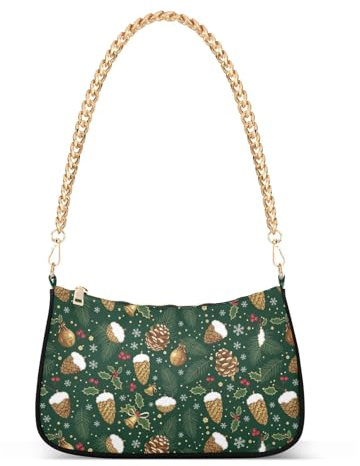 Damen-Handtasche mit weihnachtlichen Tannenzapfen, Glocken, Stechpalme, trendige Kette, Leder, für Reisen